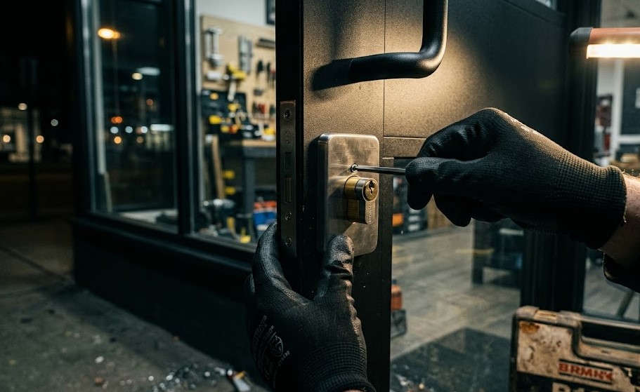 Especialista Cerrajero Figueras instalando cerradura anti-bumping de alta tecnología en un comercio